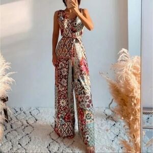 ZARA Paparazzi Patchwork Floral Geometric Belted Multicolor Jumpsuit Size S